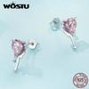 WOSTU 925 Sterling Silver Pink Crystal Heart Stud Wedding Earrings For Women Shiny Zircon Drop Tassel Earring Valentine Jewelry