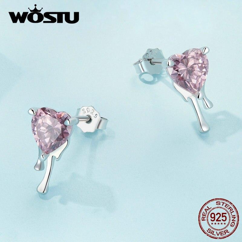 WOSTU 925 Sterling Silver Pink Crystal Heart Stud Wedding Earrings For Women Shiny Zircon Drop Tassel Earring Valentine Jewelry