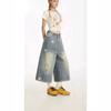 Women's High Waisted Star Print Cropped Jeans Loose Wide Leg Retro Washed Denim Culottes