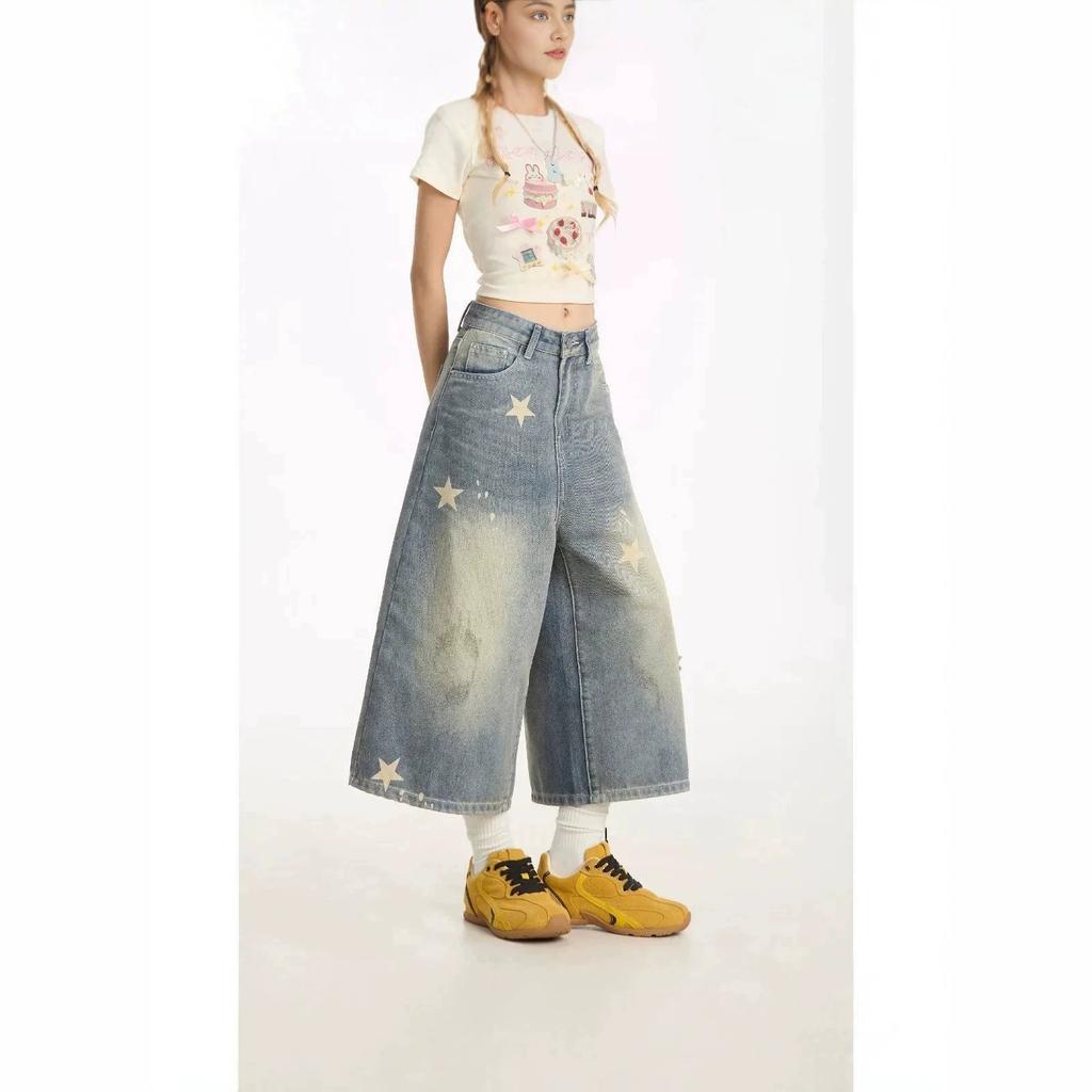 Women's High Waisted Star Print Cropped Jeans Loose Wide Leg Retro Washed Denim Culottes
