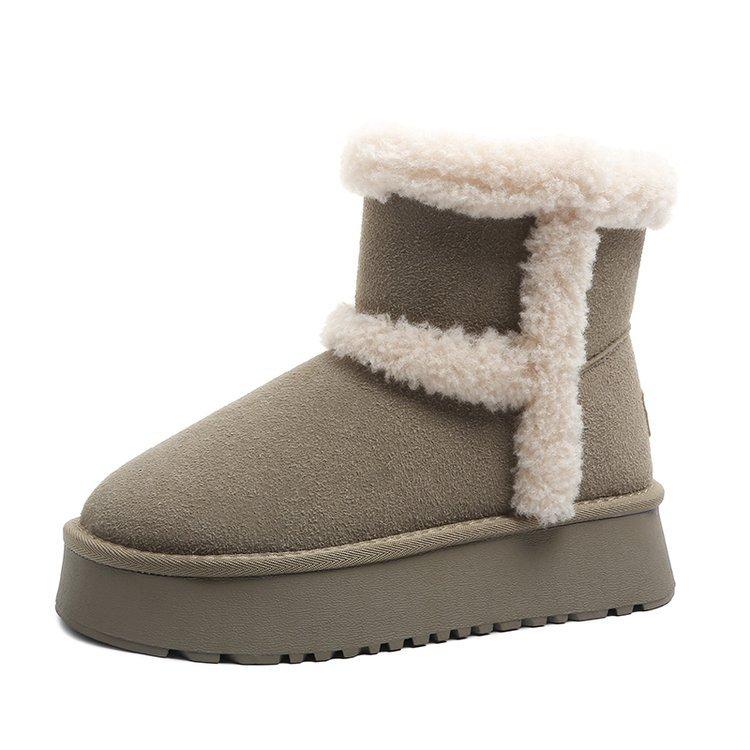 Cowhide Version! Thick-soled Snow Boots Women's 2025 New Fluffy Short Boots Piled and Thickened Versatile Thermal Short Tube Snow Cotton