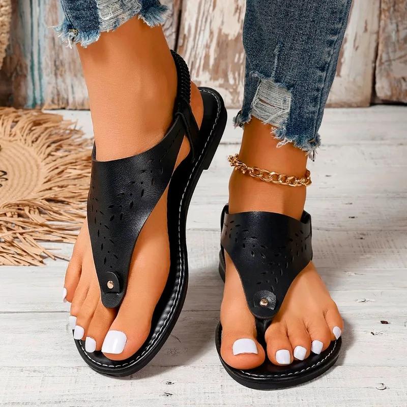 Ladies Shoes 2025 New Women's Sandals Open Toe Casual Sandals Women Rivet Elastic Band Flat Heel Soft Bottom Shoes Female