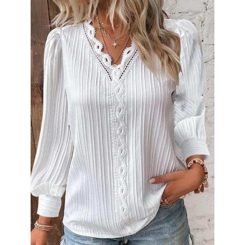 Independent station wish autumn long-sleeved V-neck lace splicing shirt blouse women s clothing S белый