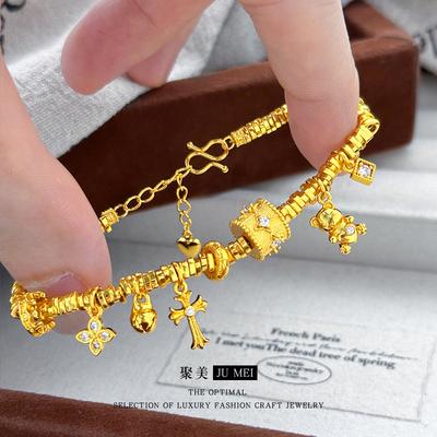 Pulsera de Lujo 24K 9999 Oro Puro oro real para Mujer Taladro de Punto Cepillado Cuatro Hombres Estrella Cubo Perla Bobina Oso
