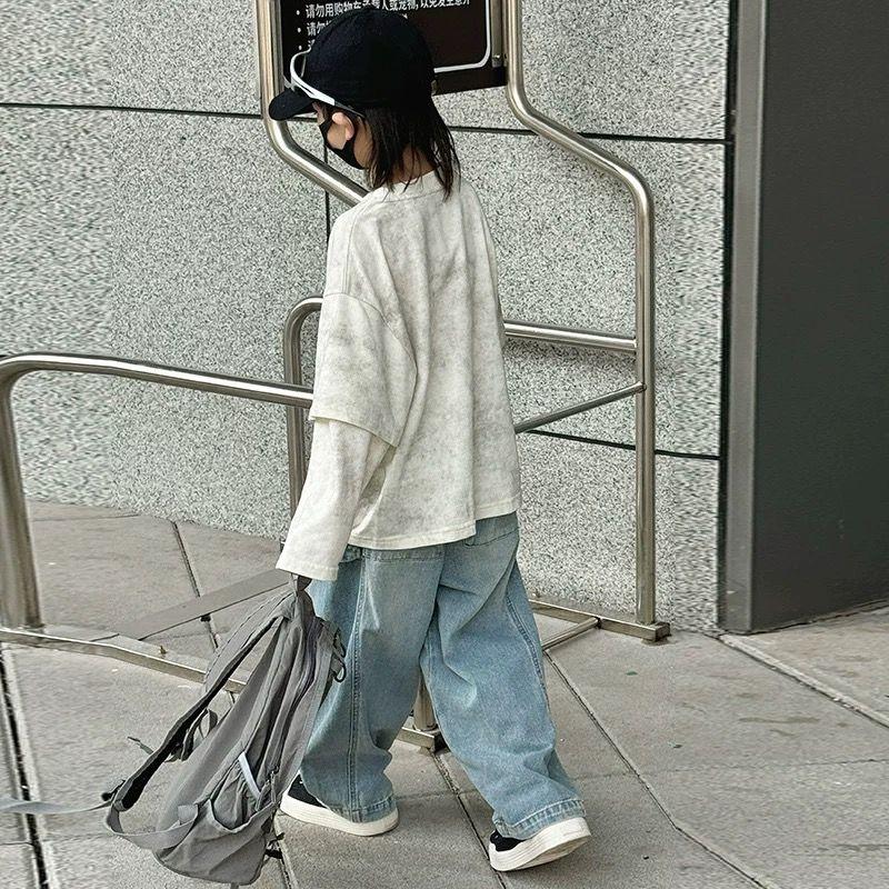 Boys' Jeans Spring and Autumn Children's Handsome Workwear Casual Pants Straight Leg Wide Leg Pants Boys' Trendy