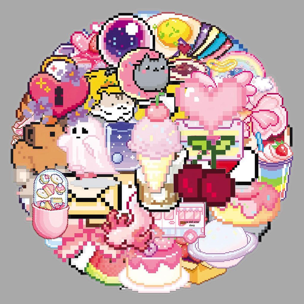 50 Sheets Pixel Style Cartoon Stickers for Journals, DIY, Refrigerators, Stationery, and Earphones