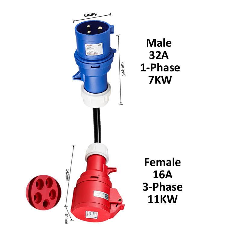 Electric Vehicle Charging Adapter Male 32A Blue 1-Phase 7KW CEE Plug To Femal 16A/32A Red 3-Phase / Blue 16A 1-phase Socket
