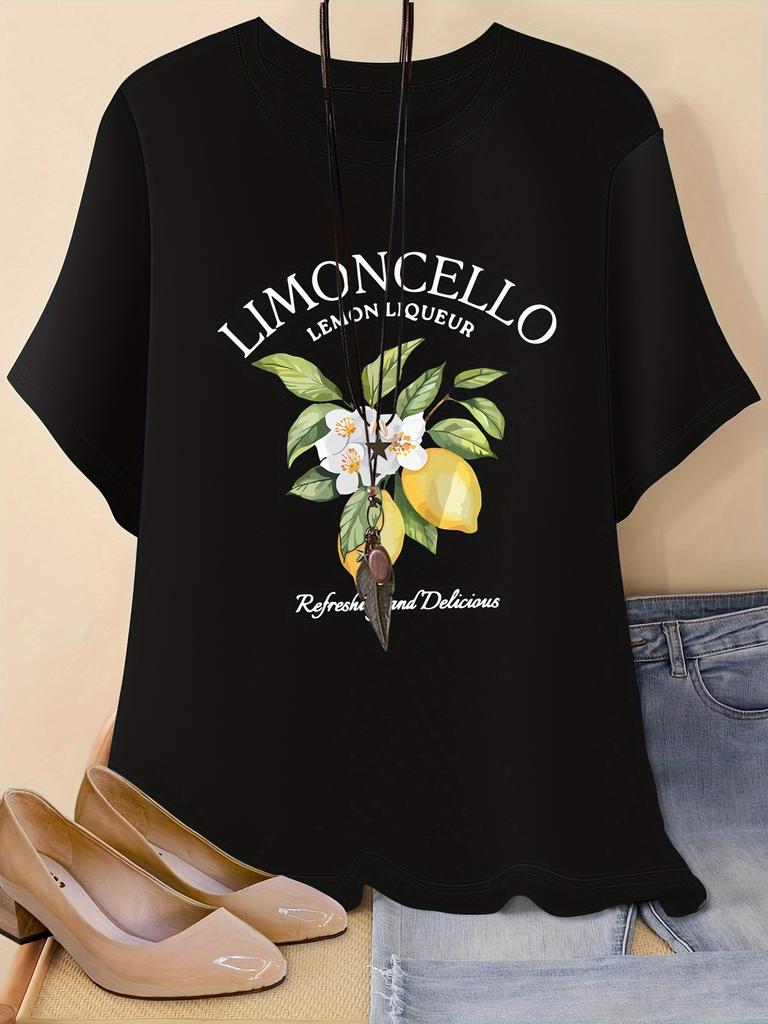 Vibrant Lemon Print Short Sleeve Crew Neck T-Shirt  Women's Casual Summer  Spring Top Comfortable Clothing for Ladies Trendy