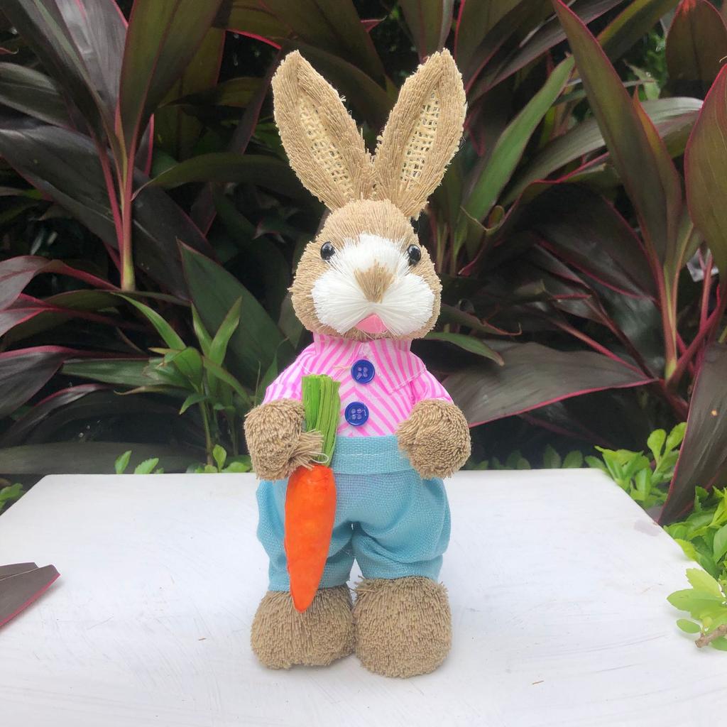 Easter Rabbit Decoration Straw Rabbit Ornament Creative Artificial Bunny Figure 25cm Home Holiday Cute with Flower Wreath