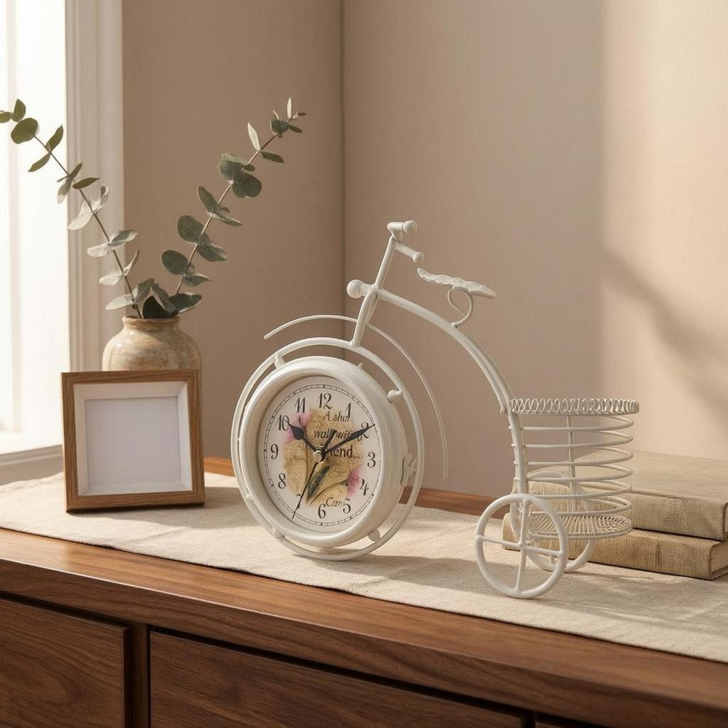 Wire Basket Cycle Clock White Bike Desk Iron Table Timepiece