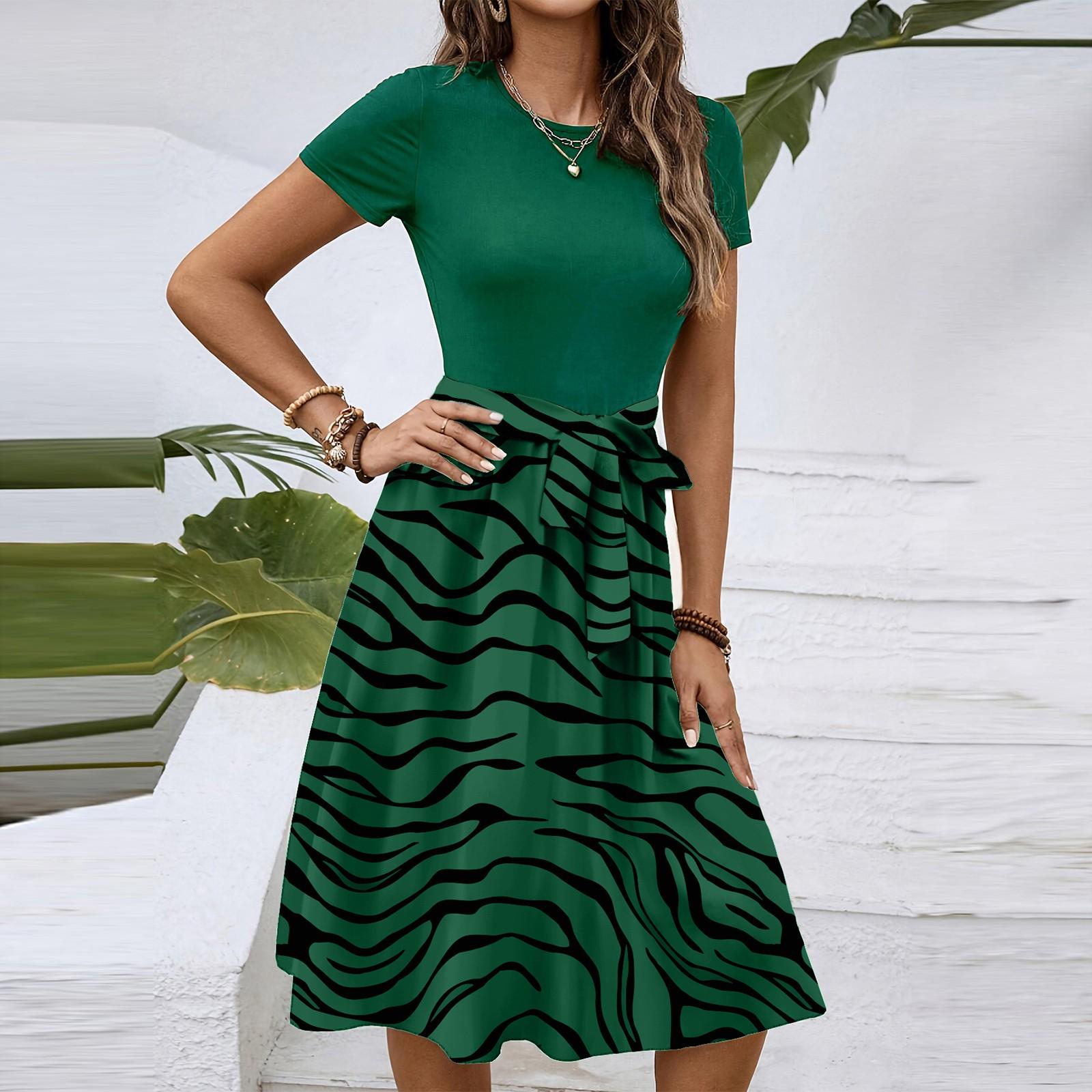 

Жіноча модна сукня в ретро-стилі з принтом, кольоровими блоками та поясом для повсякденного носіння M