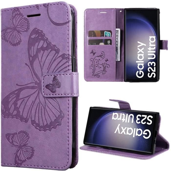 Coque de protection - BOOLING - pour Samsung Galaxy S23 Ultra - Cuir PU Violet - Motif Papillon - Fermeture Magnétique