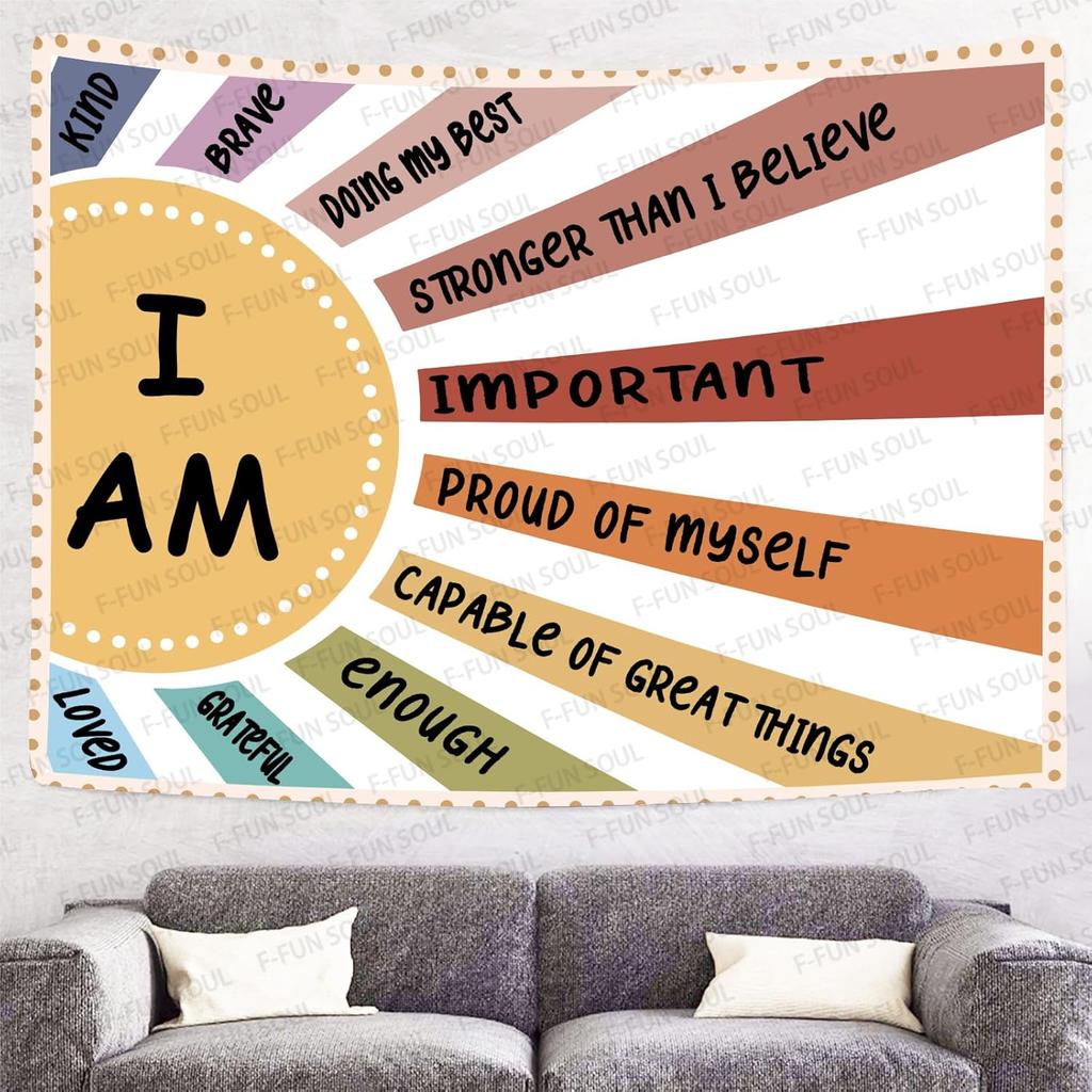 F-FUN SOUL Affirmation Tapestry 40x30inches Brave Positive Affirmations Wall Hanging Rainbow Tapestries for Office Bedroom Home Decor Dormitory