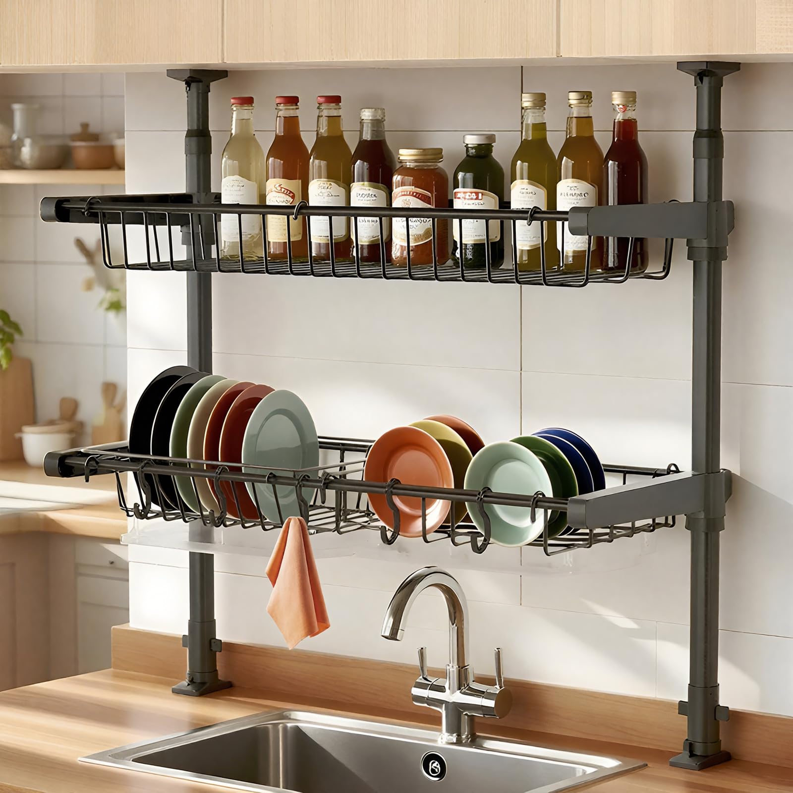 

aleawol Натяжение для тарелок Ширина над 2 тарелками 62 x Глубина 26 x Высота Грузоподъемность Маленькая Большая Корзина Кухня Специи Разное Хранение Легко крепится чёрный