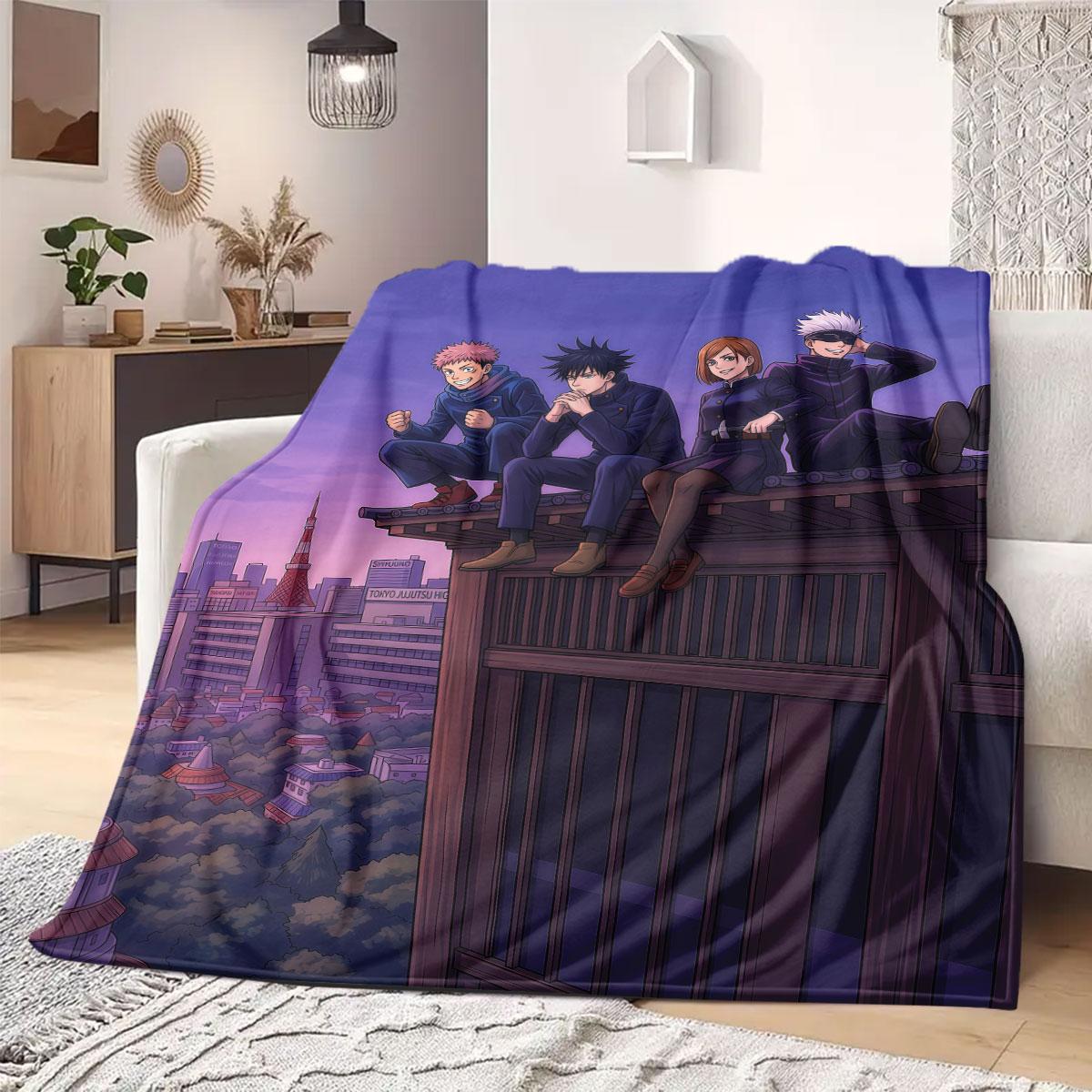 Jujutsu Kaisen Fancy 2D Print Flannel Blanket, Cartoon Graphics for Bedroom, Warm Travel Picnic Throw Rug_LIAN 75x90cm