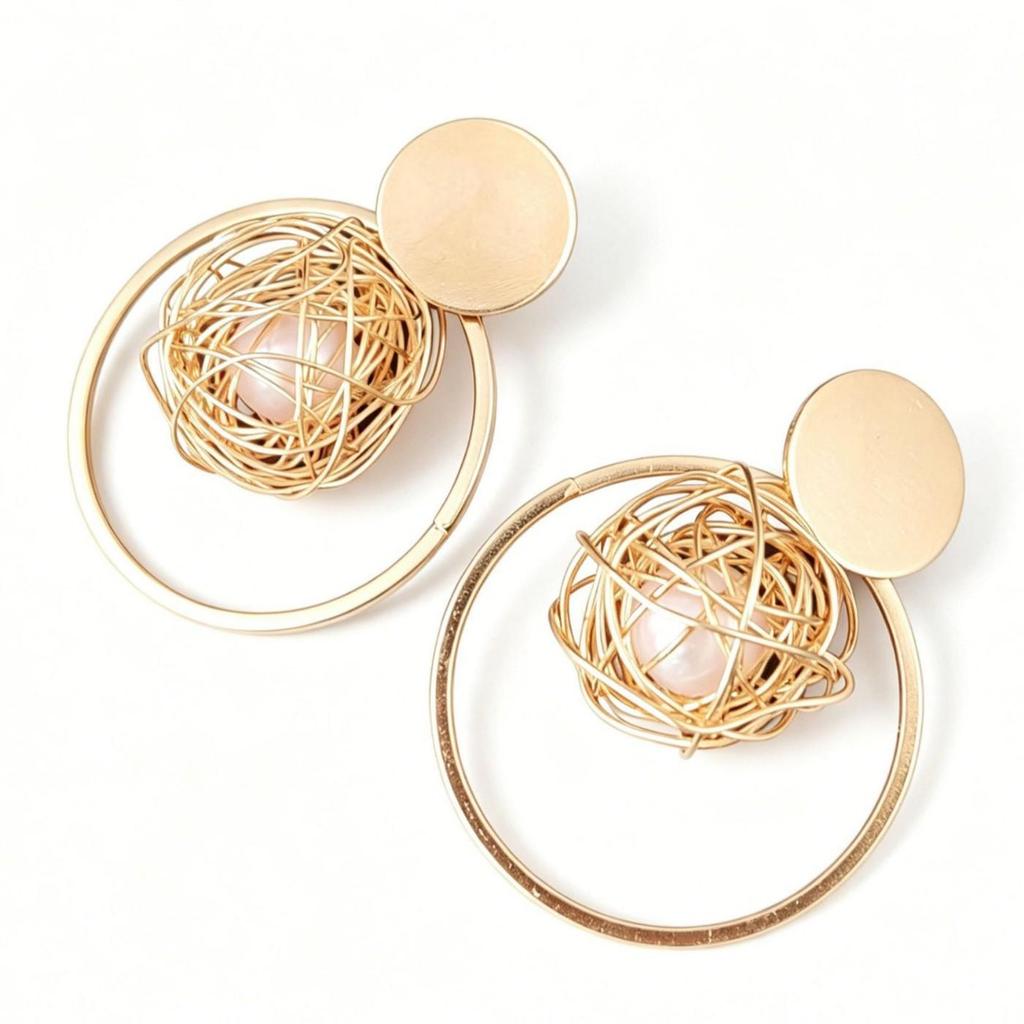 Korean Style Gold Thread Pearl Pendant Earrings: Trendy, Exaggerated Round Hollow Design for Women