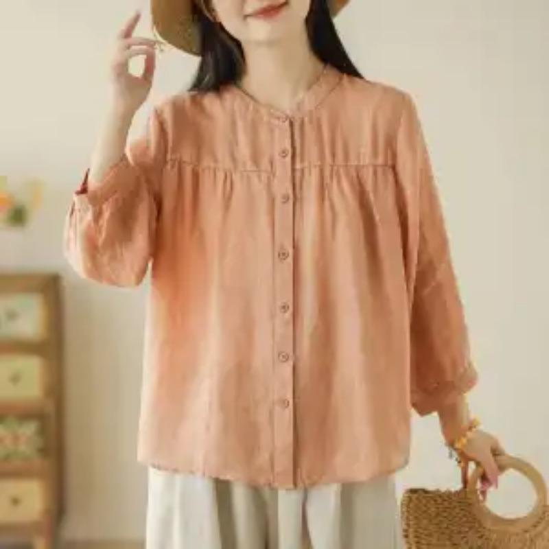 Women's Summer Casual Grey Linen 3/4 Sleeve Button Down Shirt