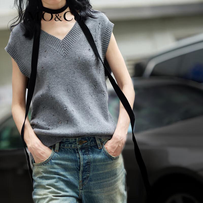 MO&Co. Wool Cashmere Distressed V-Neck Sweater