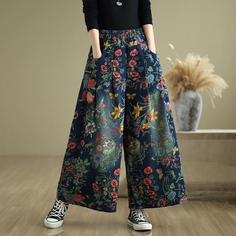 Jeans Flower Floral Print Autumn Wide Leg Pants Women Loose Fashion Ladies Oversized Trousers Elastic Waist Woman Denim Pants