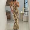 European and American style sexy hollow women's fashion V-neck irregular printing long dress