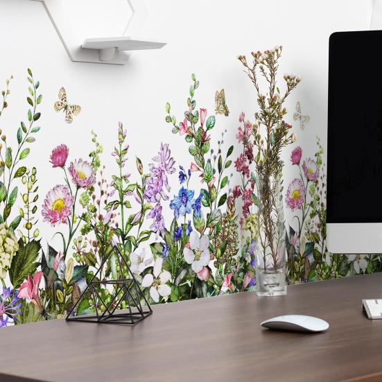 Yousheng 2 Sheets Watercolor Floral Wall Corner Stickers Wildflower Butterflies Green Grass Baseboard Skirting Line Wall Decals for Bedroom Living