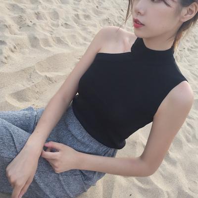 Korean Style Summer All-match Off-shoulder Short Halterneck Shouldered Sleeveless Camisole Women's Pullover Slim Knitted Bottoming Shirt