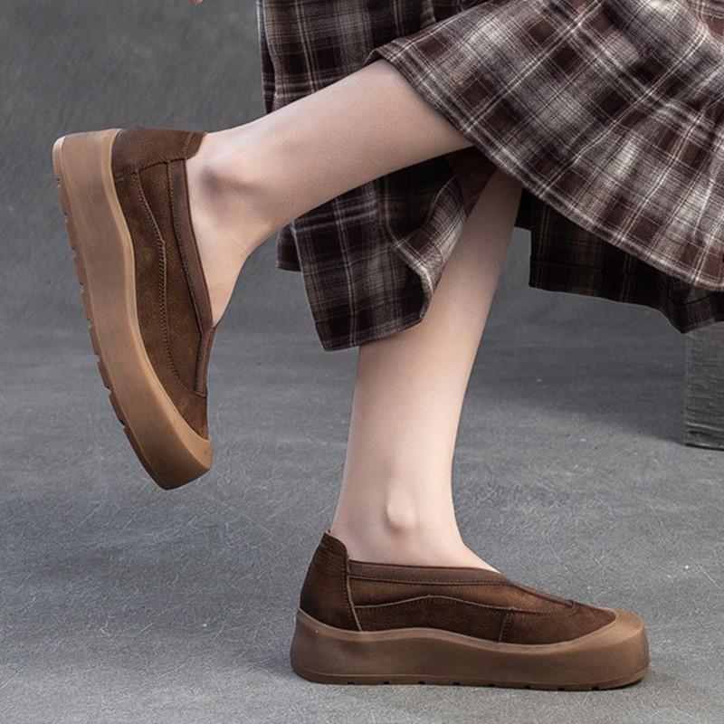 Johnature Genuine Leather Thick Soled Round Toe Loafers Retro Comfortable Women's Flat Platform Shoes