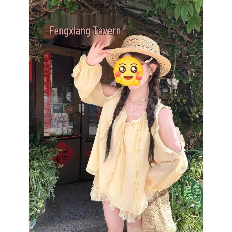 

Sweet Yellow Off-the-Shoulder Two-Piece Set: Long-Sleeve Top & A-Line Skirt Double Extra Large