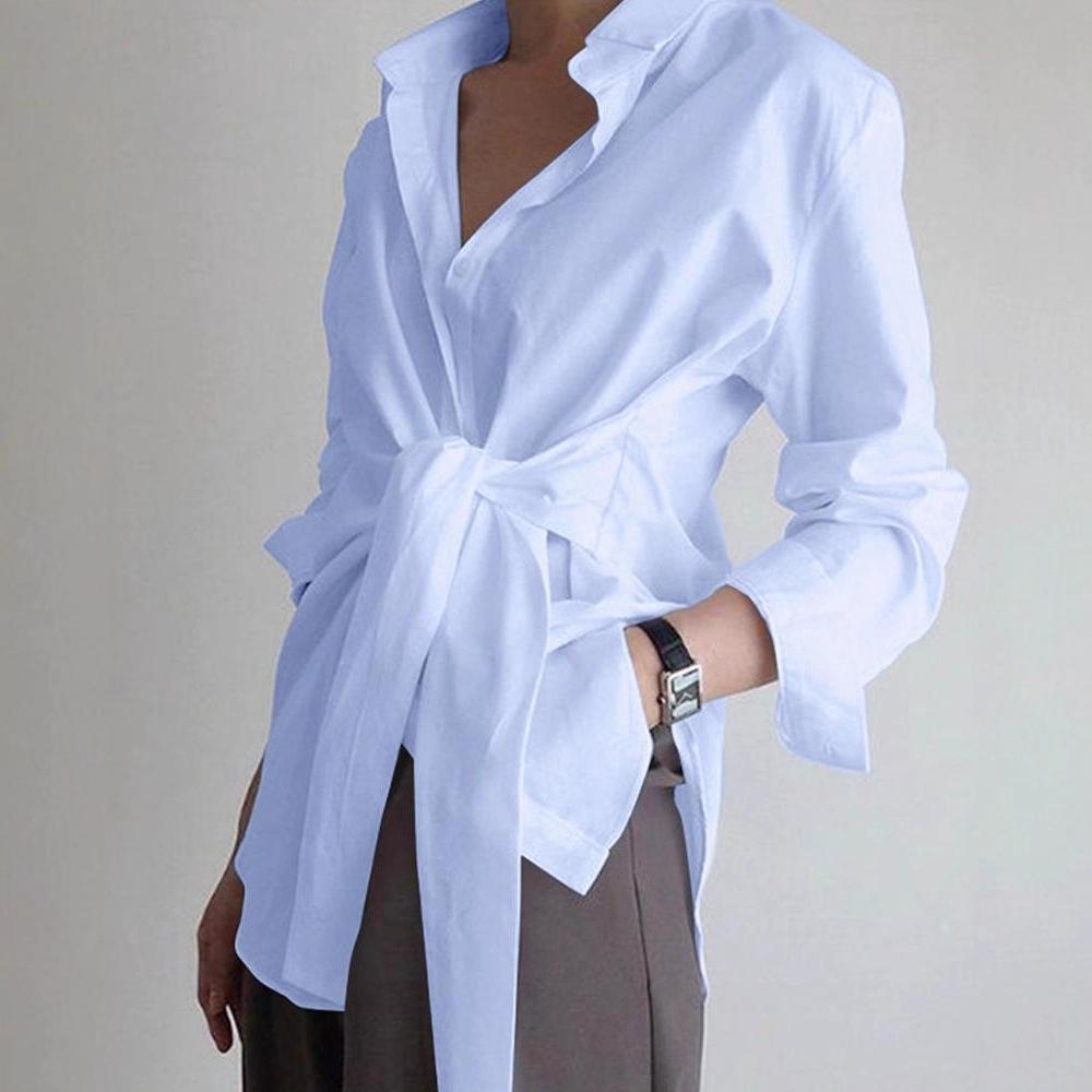 Camicia da Donna a Maniche Lunghe Bottoni Larga Bianca Bluse Lady Ufficio Eleganti Top in Cotone