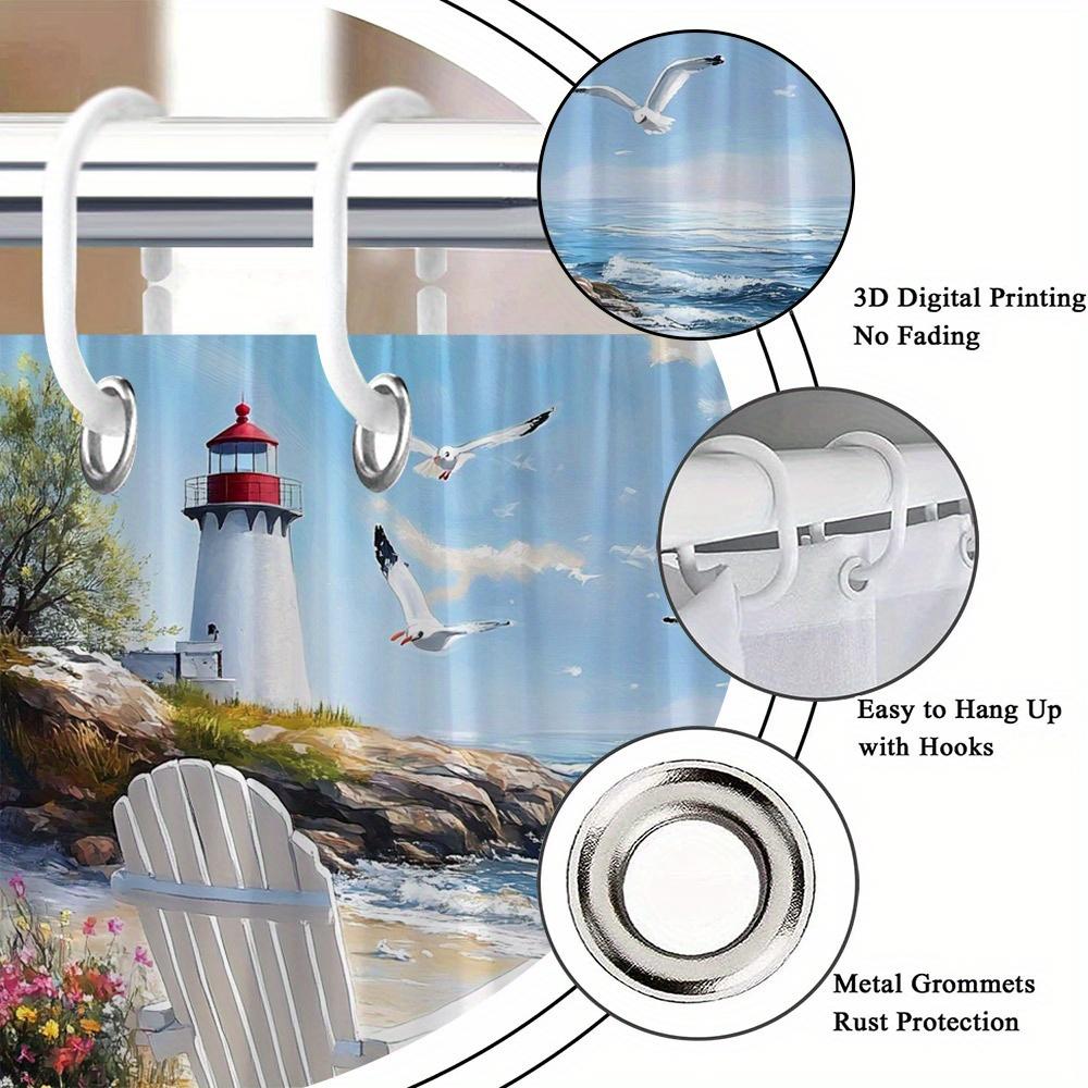 Serene Beach Scene Shower Curtain - Adirondack Chair, Lighthouse, Seagulls & Flowers, Polyester, 12 Hooks, Coastal Theme