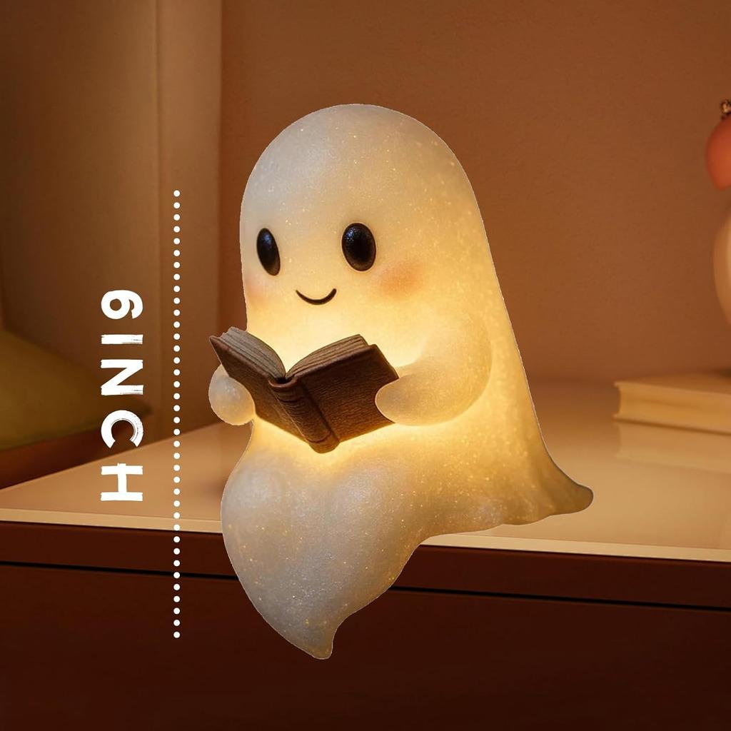 Ghost Reading Book Lamp, Halloween Light Up Ghost Statue Night Light House Mantel Decor for Home, Light Up Halloween Decor, for Bedroom Study Room