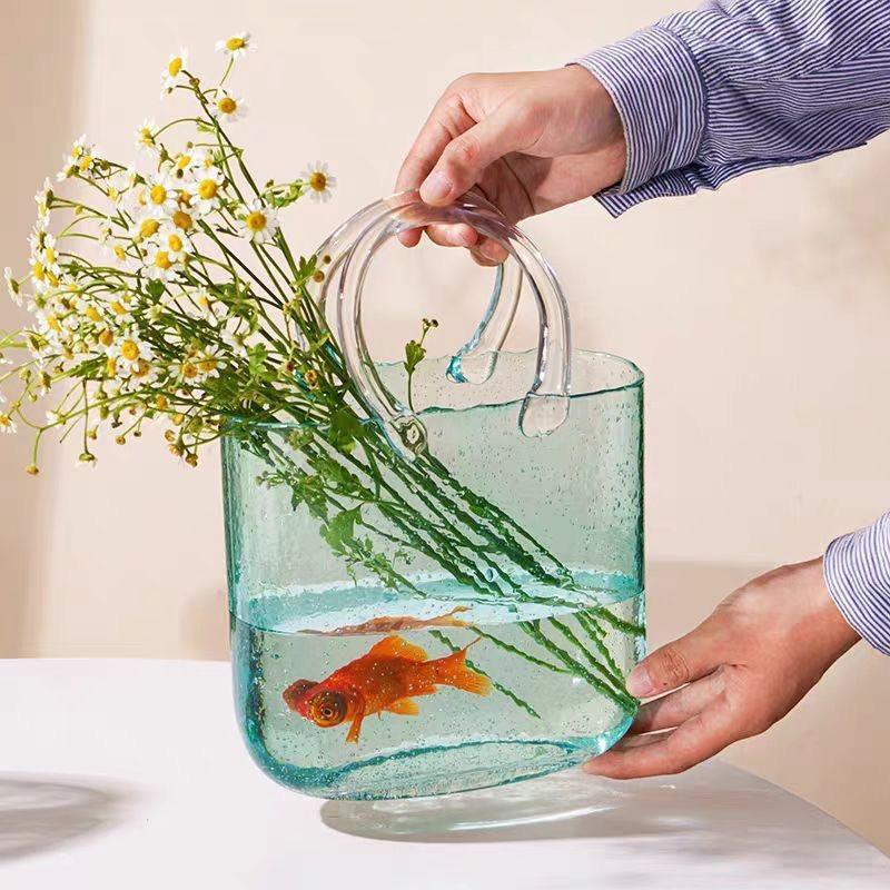 Trendige Glas-Handtaschen-Vase, Kreative Blasen-Fischglas-Blumenvase für Tischplatte, Hydroponische & Dekorative Blumen