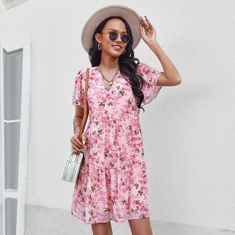 Women Chic Floral Print Loose Dress V Neck Short Sleeve Spring Autumn Fashion S-XL