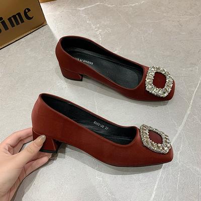 Temperament Single Shoes, Black Light Mouth Rhinestones, High Value, Fashionable Square Head Flat Bottom High Heels, Square Buckle Spring Models
