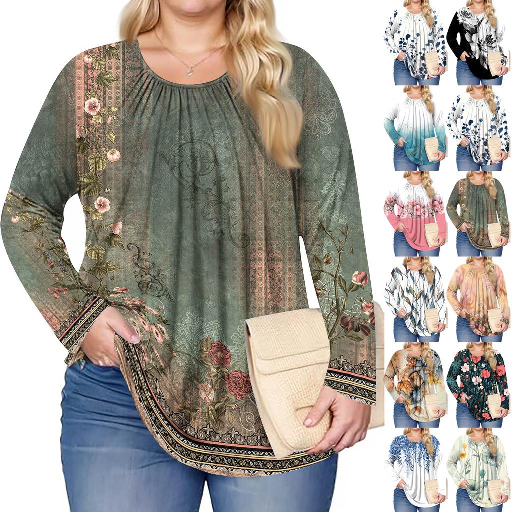 Women's Plus Size Fashion Printed Casual Pleated Round Neck Long Sleeve Top