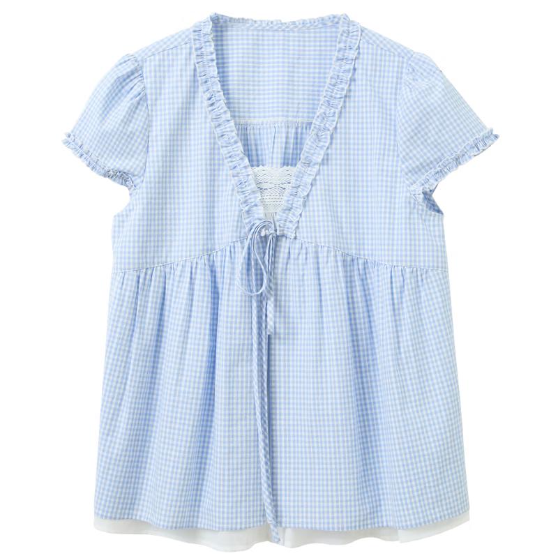 SanCai 2026 Spring V-Neck Plaid Blouse M