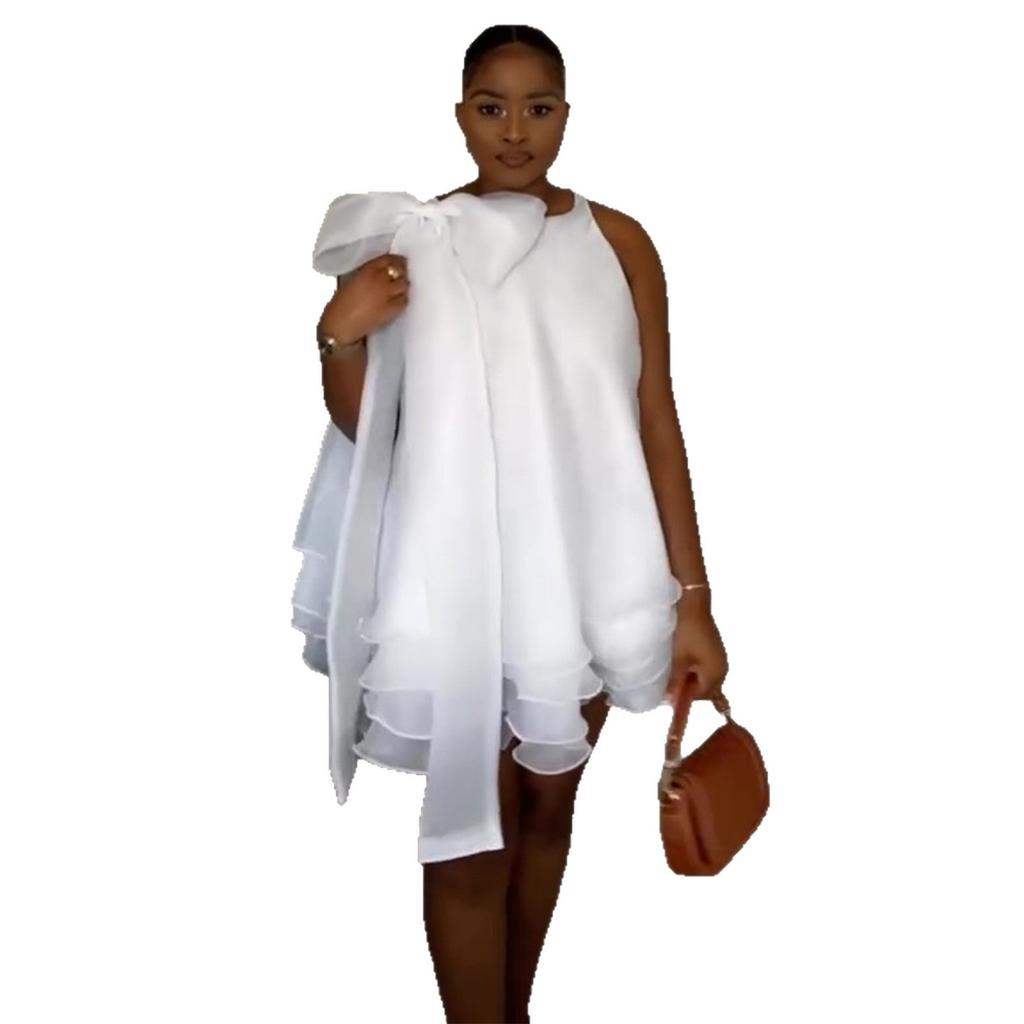 European and American Women's Clothing 2026 Spring African New White Bow Decoration Fashion Party Dress Dress