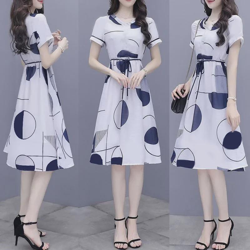 2024 Summer Creative Print Round Neck A-Line Dress: Short Sleeve, Plus Size, Waist-Enhancing, Belly-Covering Skirt.