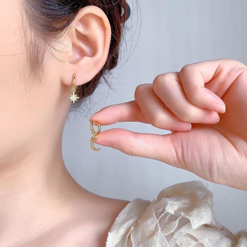 925 Silver Star Moon Hoop Earrings for Women Girls Zircon Dangle Earrings Gold Silver Party Jewelry Gifts