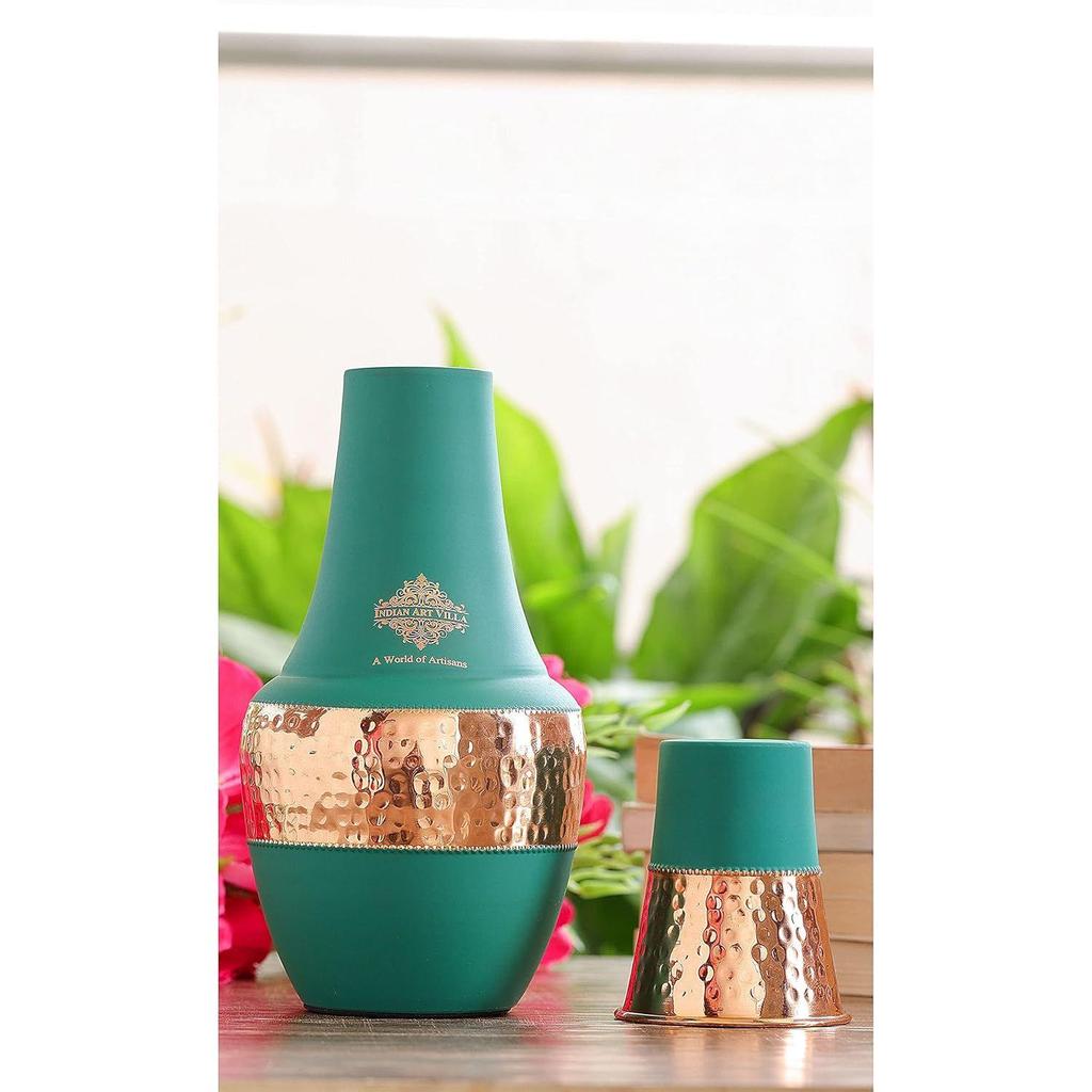 Pure Copper Bottle with Inbuilt Glass, Surahi Design Green Half Silk Half Hammered Finish, Drinkware & Storage Purpose - Volume 1.25 Litre (Pack of 2)