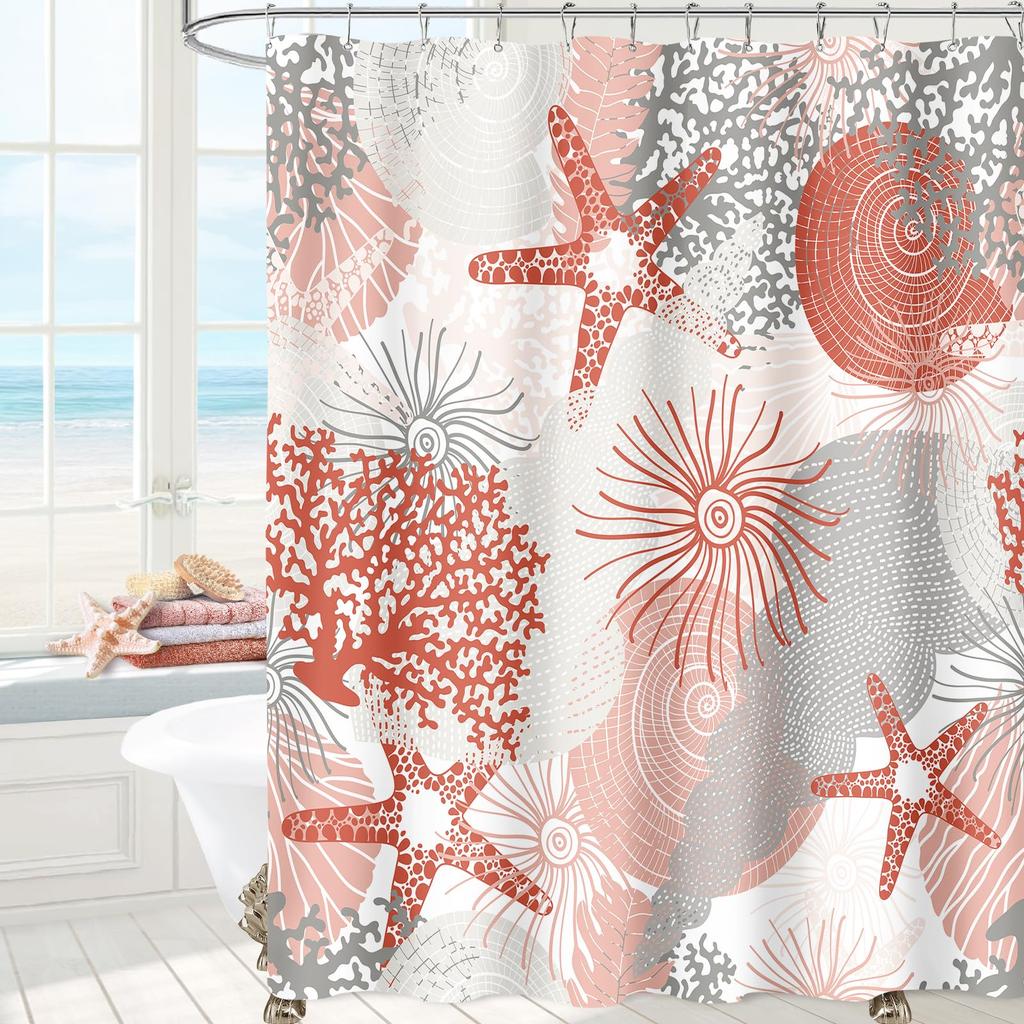 Nautical Coastal Shower Curtain,Beach Ocean Theme Shower Curtain for Bathroom Decor,Summer Tropical Coral Bath Curtain with Hook