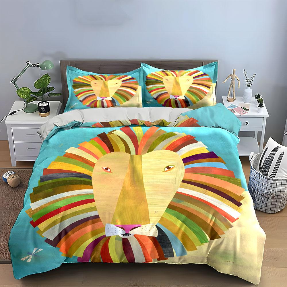 Colorful Lion Art Decor Set Bedding Set with 1 Duvet Cover 2 Pillowcases Single Double King Queen, Gift