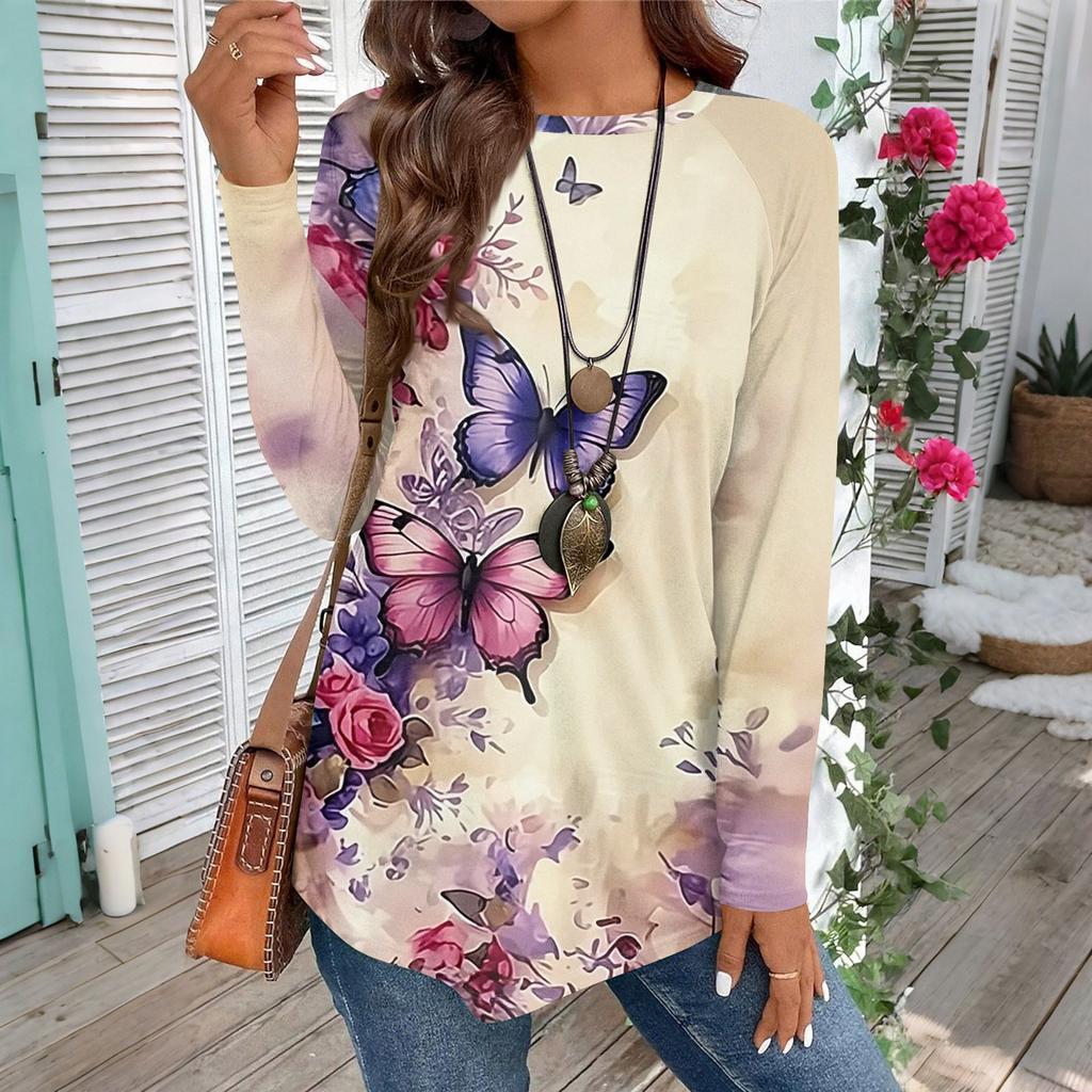 T-shirt décontracté pour femme grande taille à manches longues et col rond avec imprimé ethnique vintage