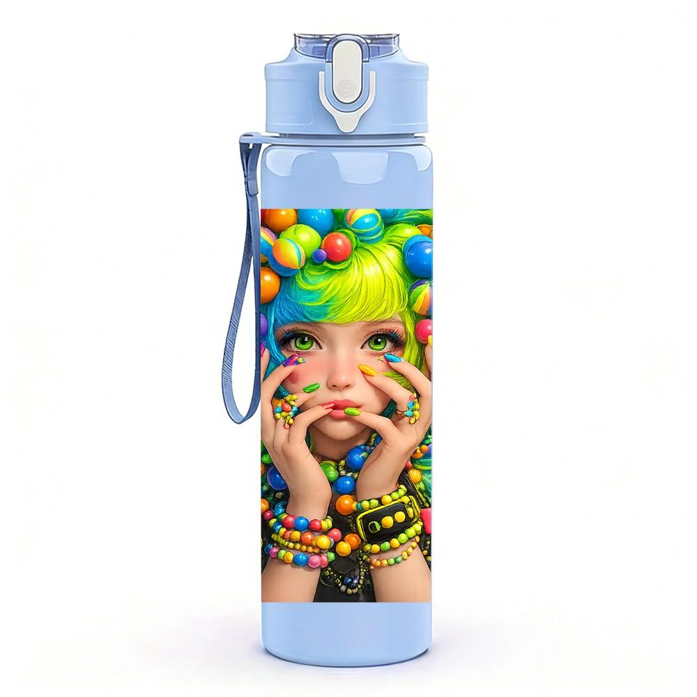 1PC Girl With Colorful Curly Hair Art Print 750ml Color Plastic Sports Water Bottle Leakproof Flip Straw Lid Suitable for Sports Office Home Use
