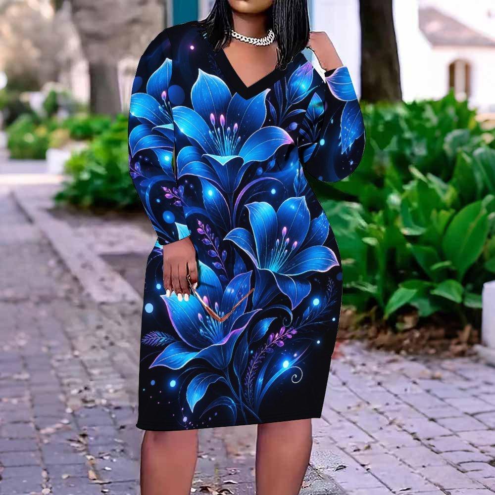Women Plus Size V Neck Long Sleeve Blue Floral Printed Fitted Straight Dress