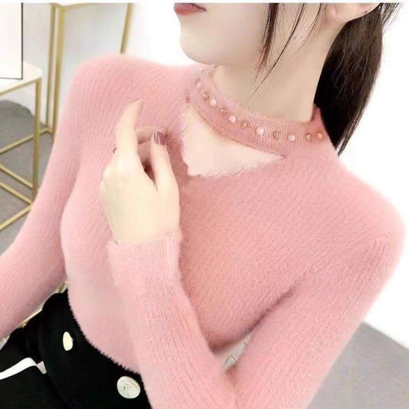 Women's Lace Collar Cut-out Pullover Sweater Autumn Winter Mink Fleece Sweater Slim Base Top