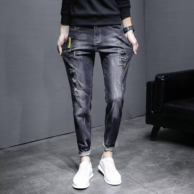 Men's Trendy Ripped Slim Fit Nine-Point Skinny Jeans - Elastic, Breathable, Casual Summer Wear
