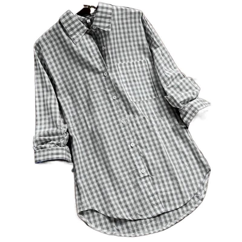 Spring and Autumn Women's Loose Plaid Lapel Long-sleeved Retro Pocket Shirt