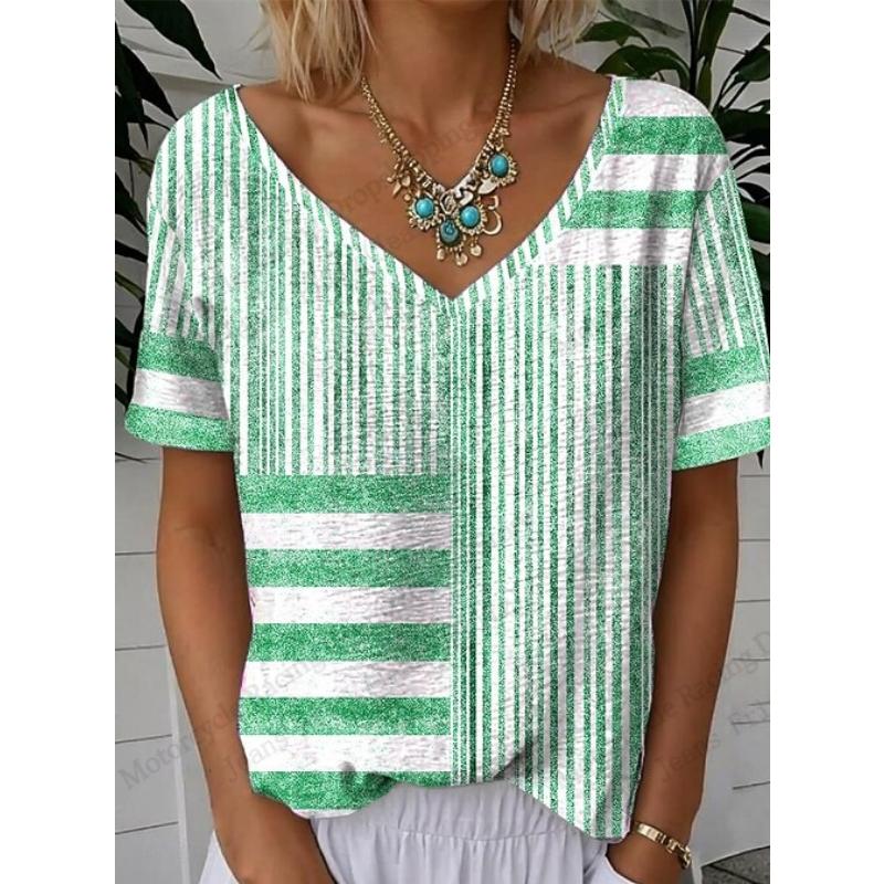 2026 New Women's Graphic Striped 3d Print T-shirt Women Fashion Casual V-Neck Short Sleeve Tops Tees Womens Clothes Large Size