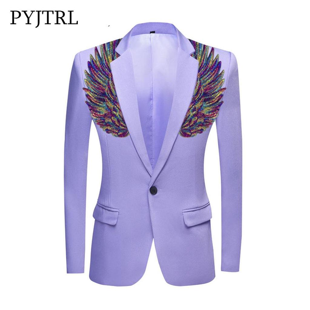Buy PYJTRL Mens Fashion Purple Suit Jacket Sequined Wings Slim Fit